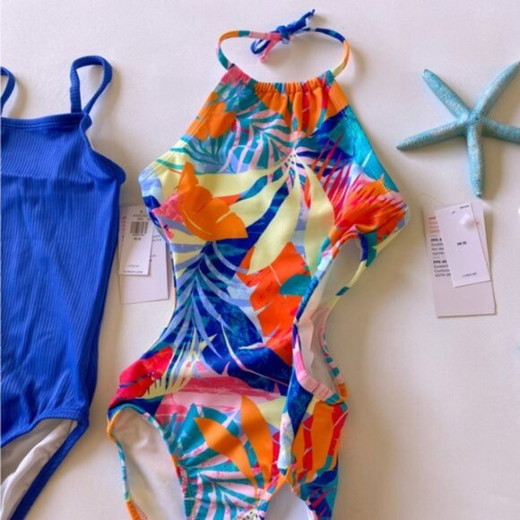 Old Navy | Girls Printed Halter Cut Out Ribbed Style One-Piece Swimsuit 2-Pack - Picture 7 of 15